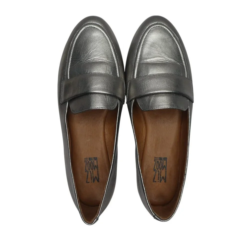 Miz Mooz Ken Pewter‎ Metallic Silver Leather Flats Loafers Womens 41 US 9.5-10